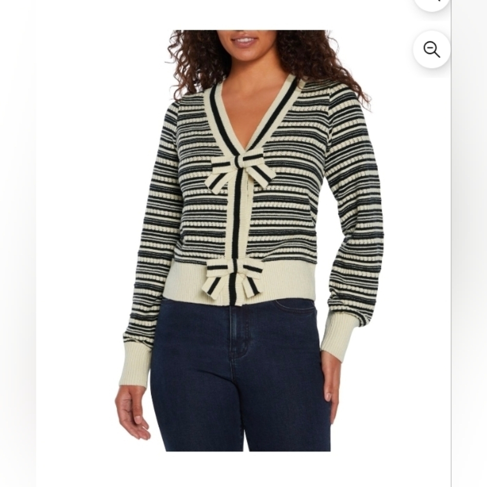 Express Bow Cardigan Sweater Women Sz Small Black Beige Stripe Long Sleeve